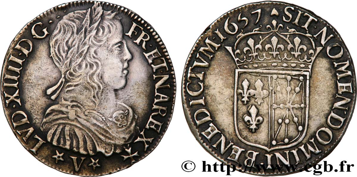LOUIS XIV LE GRAND OU LE ROI SOLEIL Demi-écu de Navarre à la mèche longue 1657 Saint-Palais TTB+