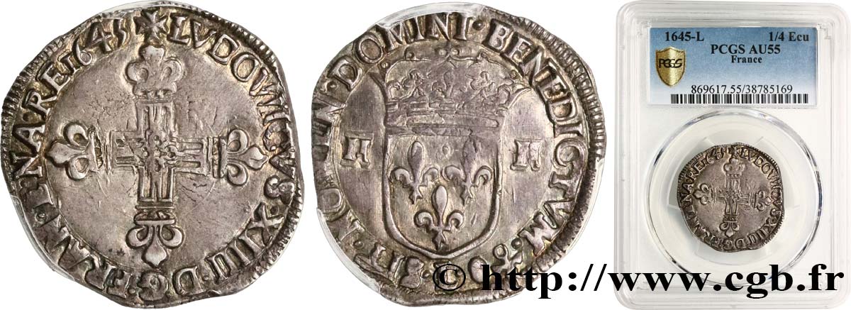 LOUIS XIV LE GRAND OU LE ROI SOLEIL Quart d écu, titulature côté croix 1645 Bayonne SUP55