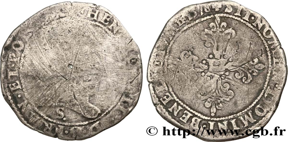 HENRY III Franc au col plat 1578 Troyes VG