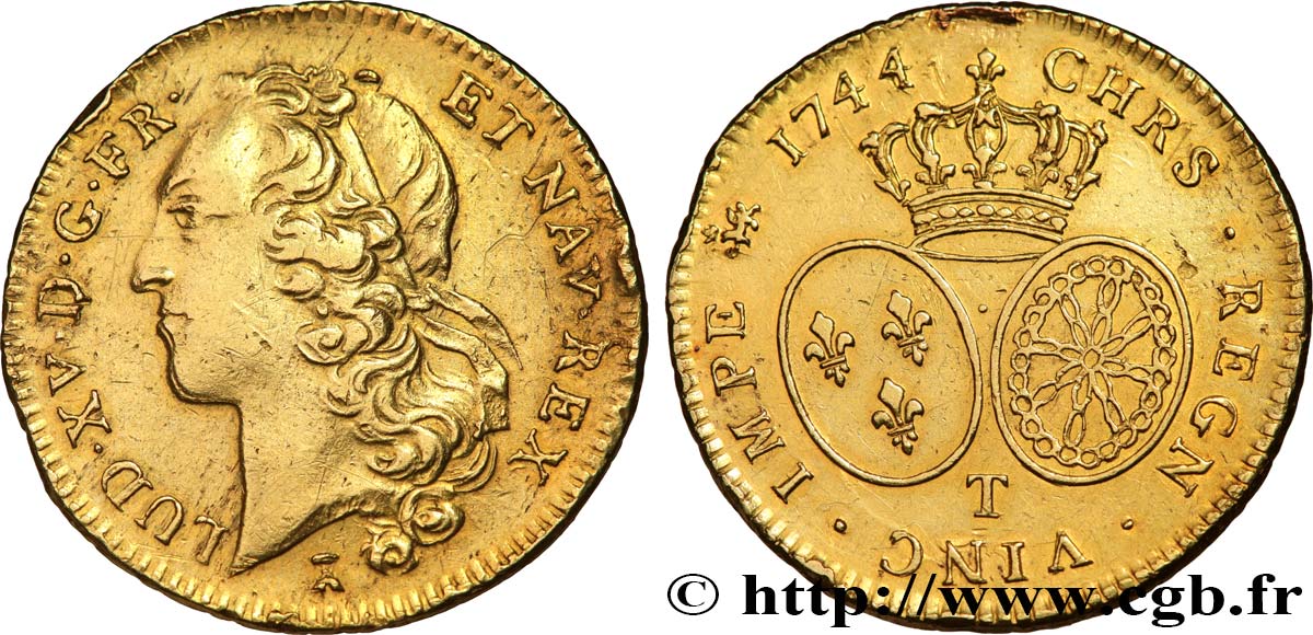 LOUIS XV THE BELOVED Double louis d’or aux écus ovales, tête ceinte d’un bandeau 1744 Nantes XF