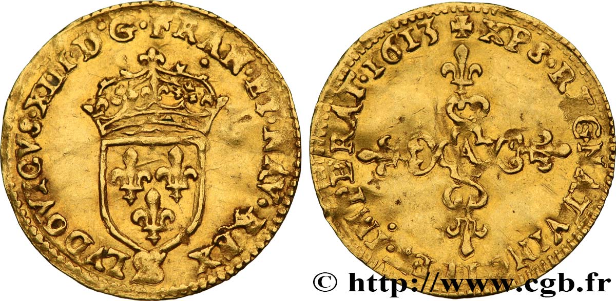 LOUIS XIII  Demi-écu d or au soleil, à la croix anillée fleurdelisée 1613 Paris SS