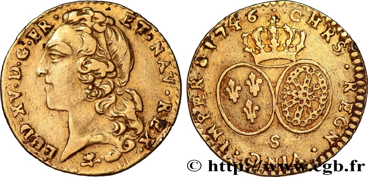 LOUIS XV  THE WELL-BELOVED  Demi-louis d’or aux écus ovales, tête ceinte d’un bandeau 1746 Reims BB