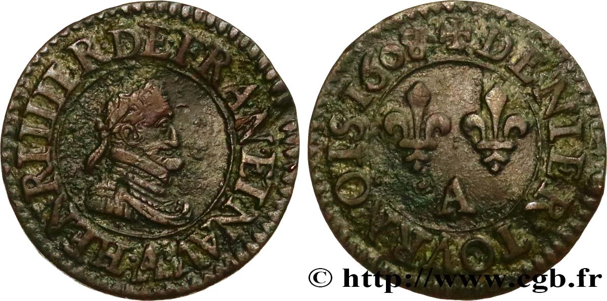 HENRI IV LE GRAND Denier tournois, 1er type de Paris (légende française) 1608 Paris, Moulin des Étuves TTB