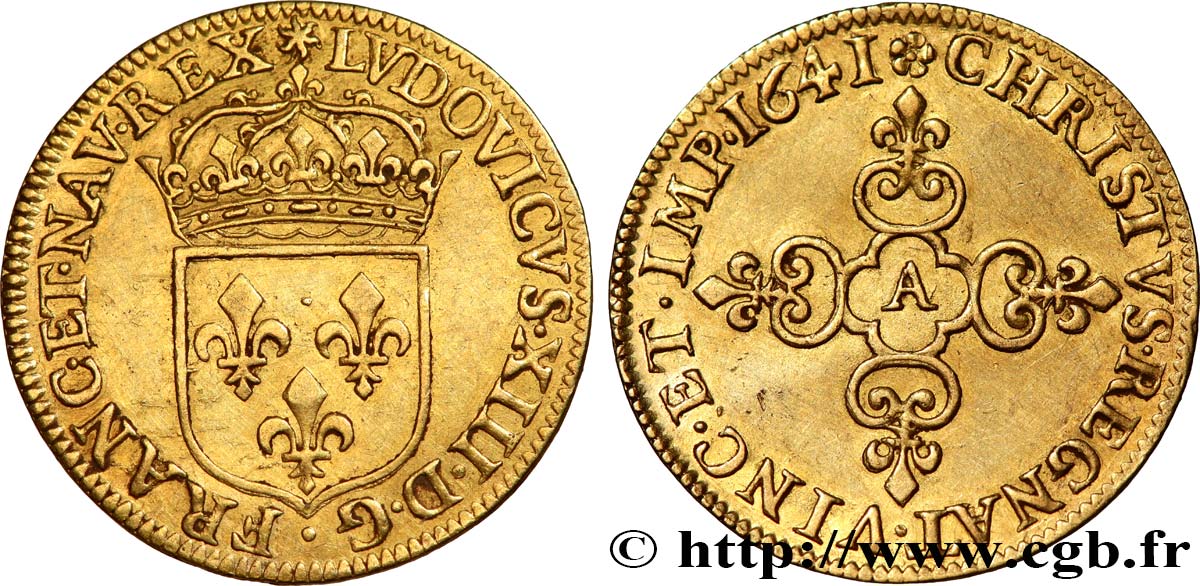 LOUIS XIII LE JUSTE Écu d or au soleil, à la croix anillée fleurdelisée 1641 Paris, Monnaie du Louvre TTB+/SUP