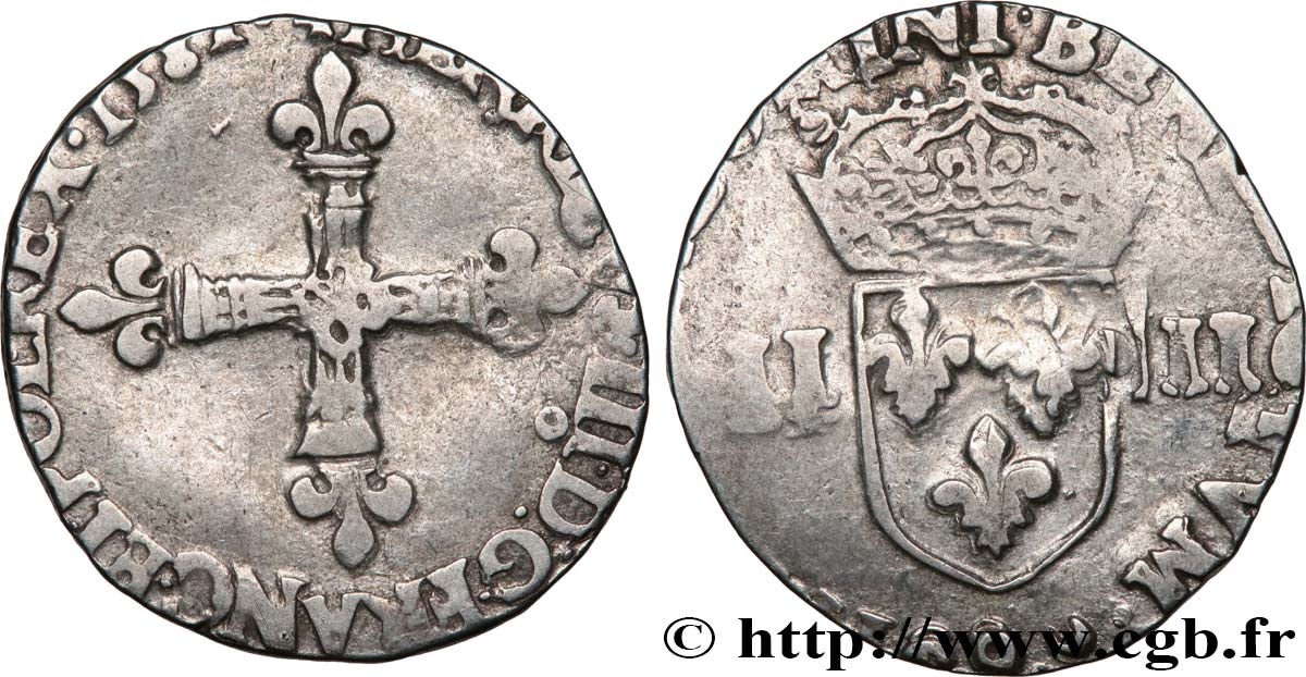 HENRY III Quart d écu, croix de face 1581 Rennes BC