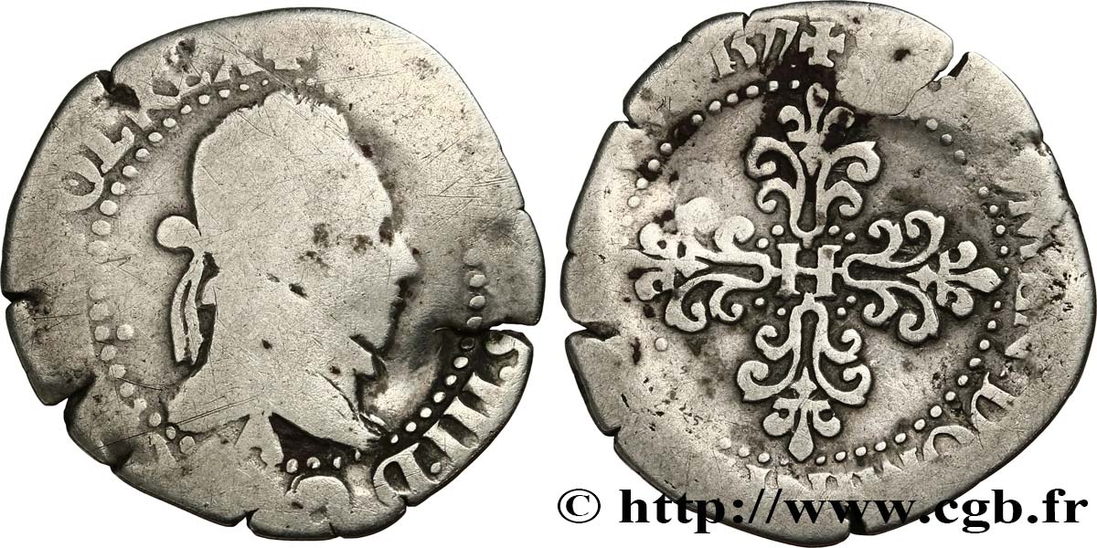 HENRI III Quart de franc au col plat 1577 Paris B/B+