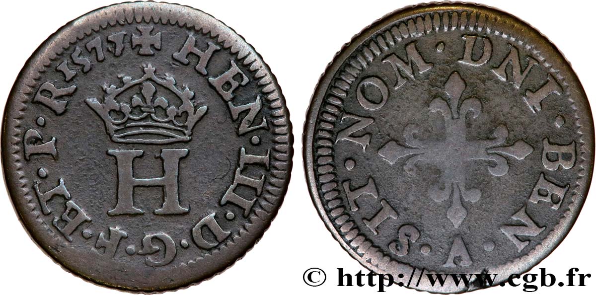 HENRY III Piéfort de poids quadruple du liard à l H couronnée 1577 Paris XF/VF