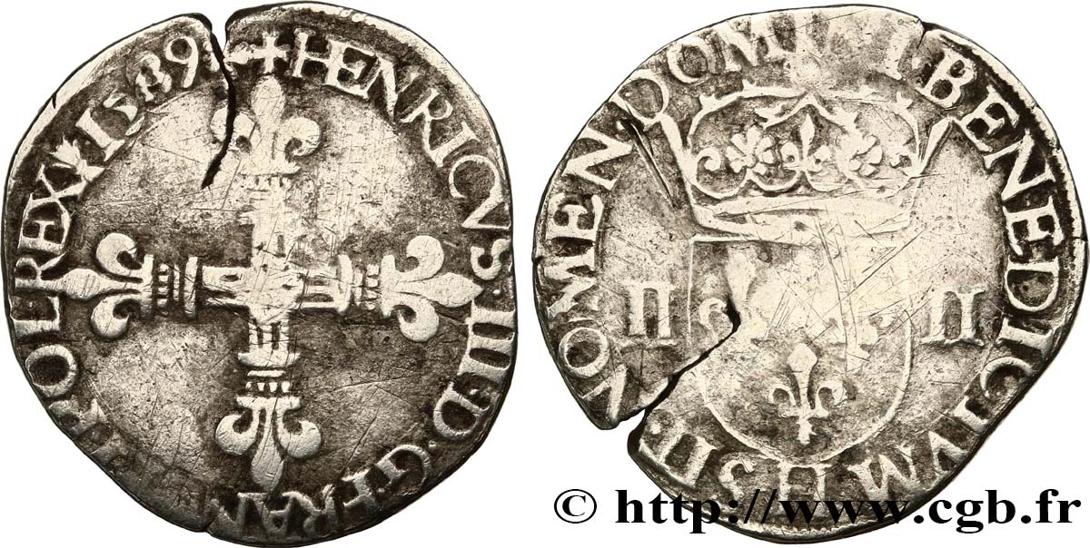 HENRI III Quart d écu, croix de face 1589 La Rochelle TB+