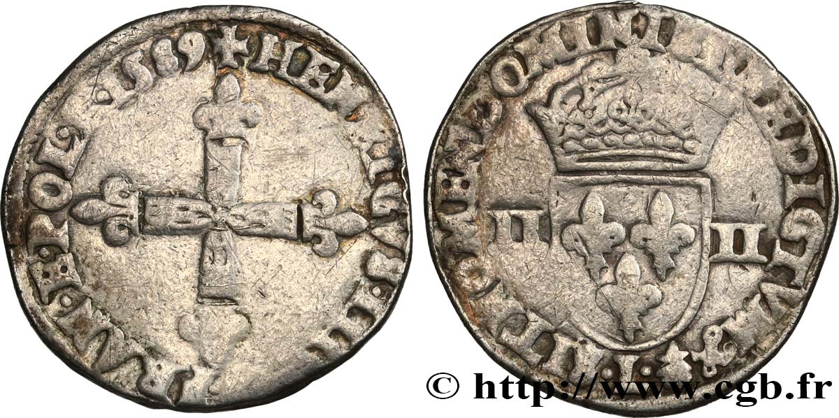 HENRI III Quart d écu, croix de face 1589 Bayonne TB