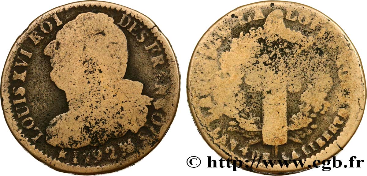 LOUIS XVI (MONARQUE CONSTITUTIONNEL)  2 sols dit  au faisceau , type FRANÇOIS 1792 Marseille B+