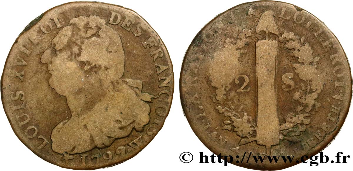 LOUIS XVI (MONARQUE CONSTITUTIONNEL)  2 sols dit  au faisceau , type FRANÇOIS 1792 Lille TB