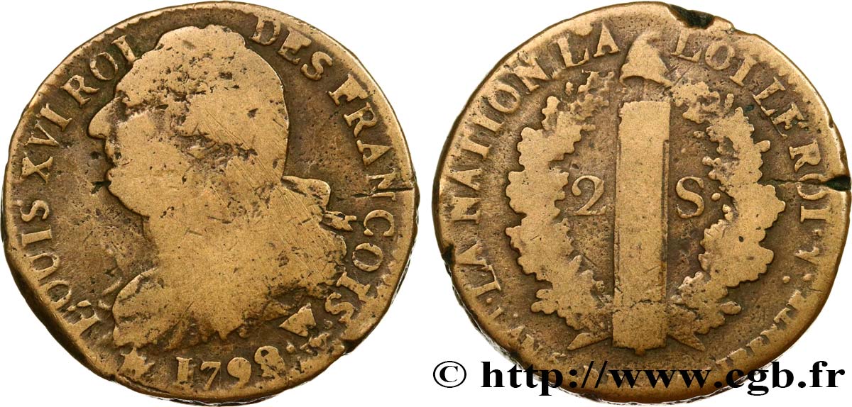 LA CONVENTION 2 sols dit  au faisceau , type FRANÇOIS 1793 Arras B+
