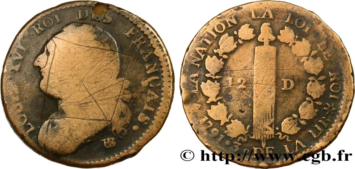 LOUIS XVI (MONARQUE CONSTITUTIONNEL)  12 deniers dit  au faisceau , type FRANCAIS 1791 Strasbourg B