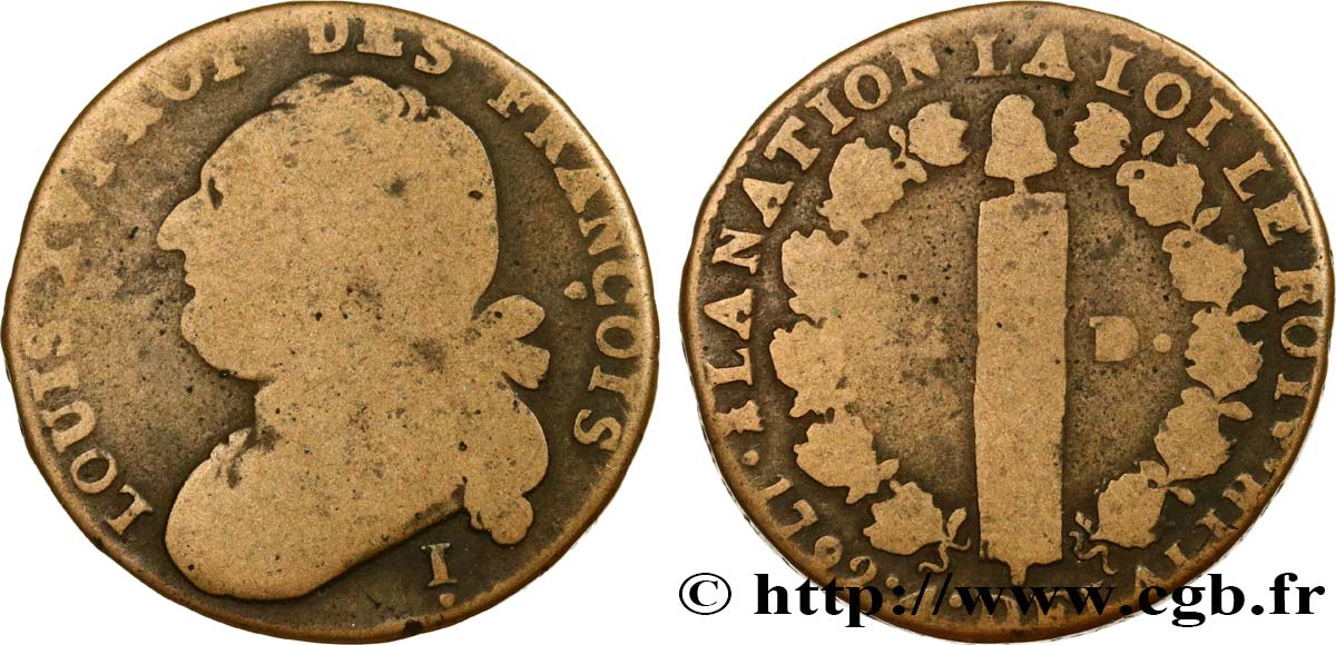LOUIS XVI (MONARQUE CONSTITUTIONNEL)  12 deniers dit  au faisceau , type FRANÇOIS 1792 Clermont-Ferrand B