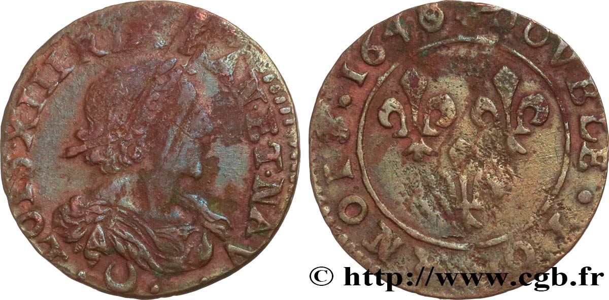 LOUIS XIII LE JUSTE Double tournois 1640 Vallée du Rhône B+