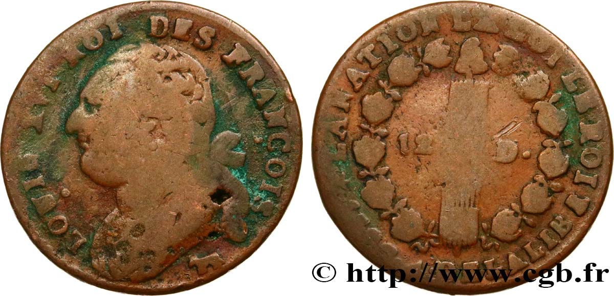 LOUIS XVI (MONARQUE CONSTITUTIONNEL)  12 deniers dit  au faisceau , type FRANÇOIS 1792 Pau B+