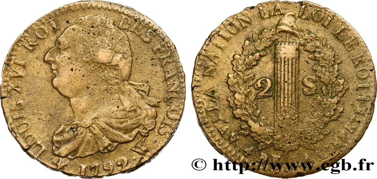 LOUIS XVI (MONARQUE CONSTITUTIONNEL)  2 sols dit  au faisceau , type FRANÇOIS 1792 Lille TB+