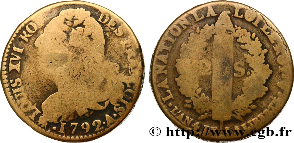LOUIS XVI (MONARQUE CONSTITUTIONNEL)  2 sols dit  au faisceau , type FRANÇOIS 1792 Paris B+
