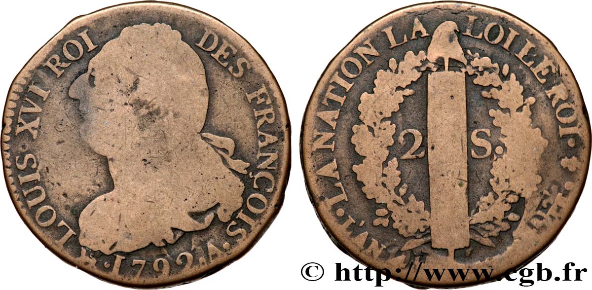 LOUIS XVI (MONARQUE CONSTITUTIONNEL)  2 sols dit &nbsp;au faisceau&nbsp;, type FRANÇOIS 1792 Paris B+