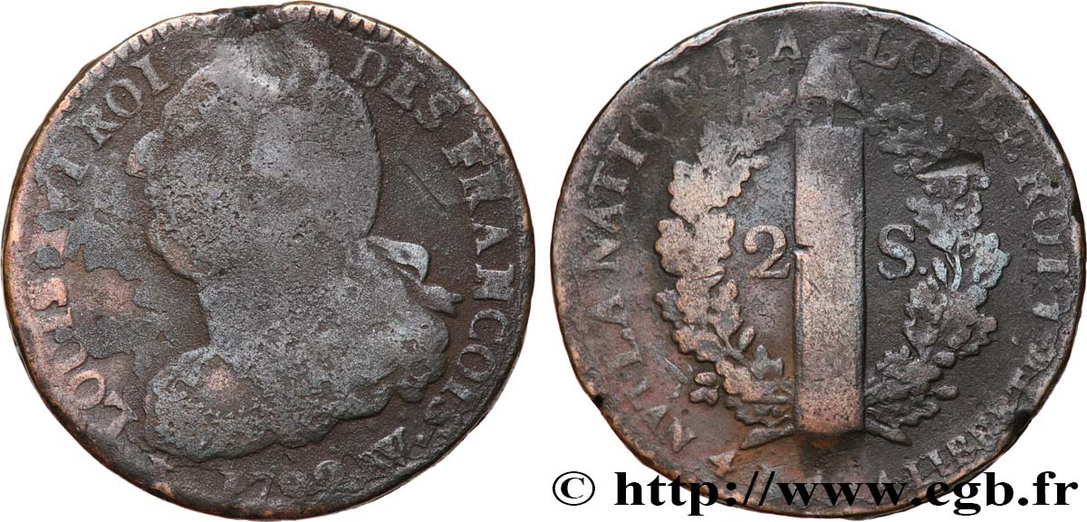 LOUIS XVI (MONARQUE CONSTITUTIONNEL)  2 sols dit &nbsp;au faisceau&nbsp;, type FRANÇOIS 1792 Lille B+