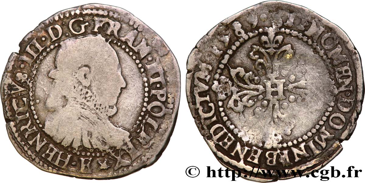 HENRI III Quart de franc au col fraisé 1589 Tours TB