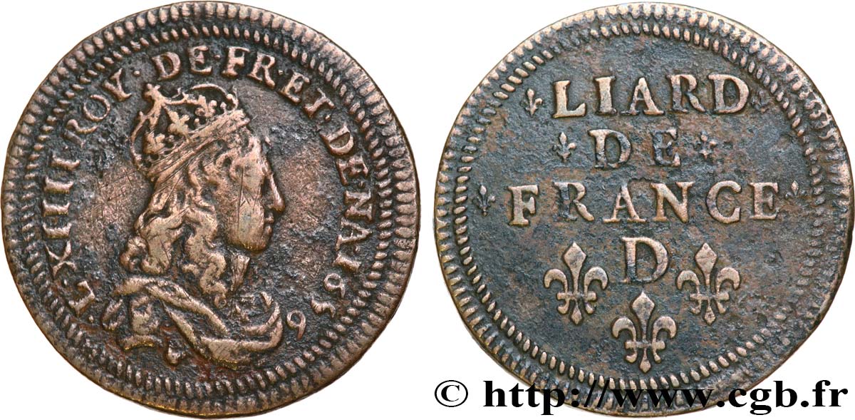 LOUIS XIV  THE SUN KING  Liard de cuivre avec double grènetis, 2e type 1656 Vimy-en-Lyonnais (actuellement Neuville-sur-Saône) BB