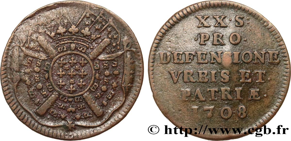 FLANDERS - SIEGE OF LILLE Vingt sols, monnaie obsidionale 1708 Lille VF
