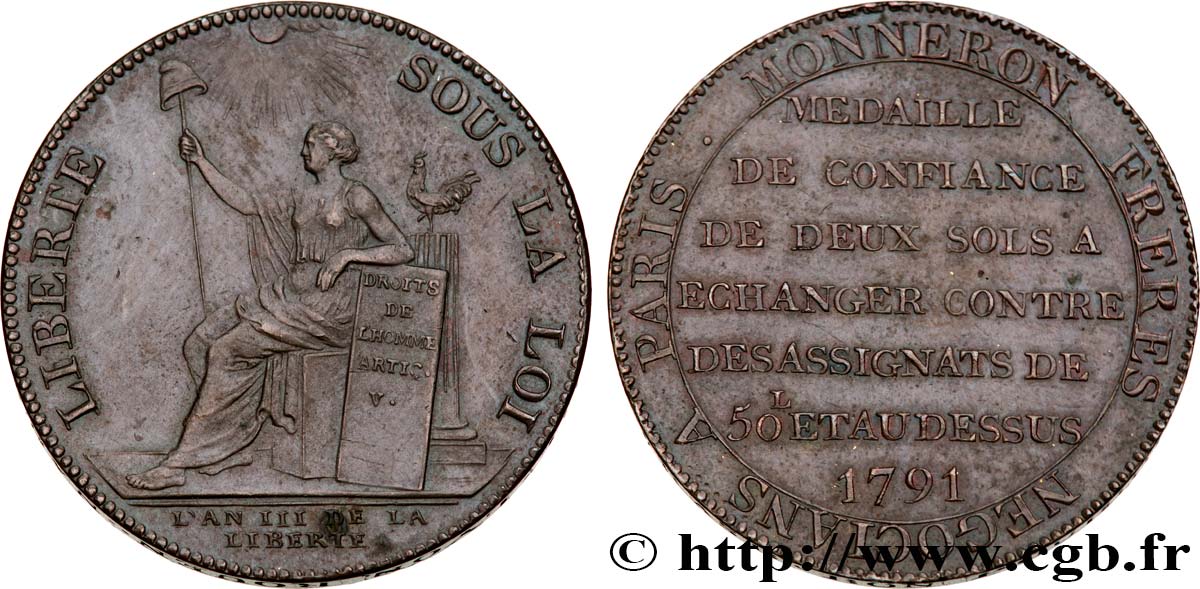 CONFIANCE (MONNAIES DE...) Monneron de 2 sols à la Liberté 1791 Birmingham, Soho TTB+