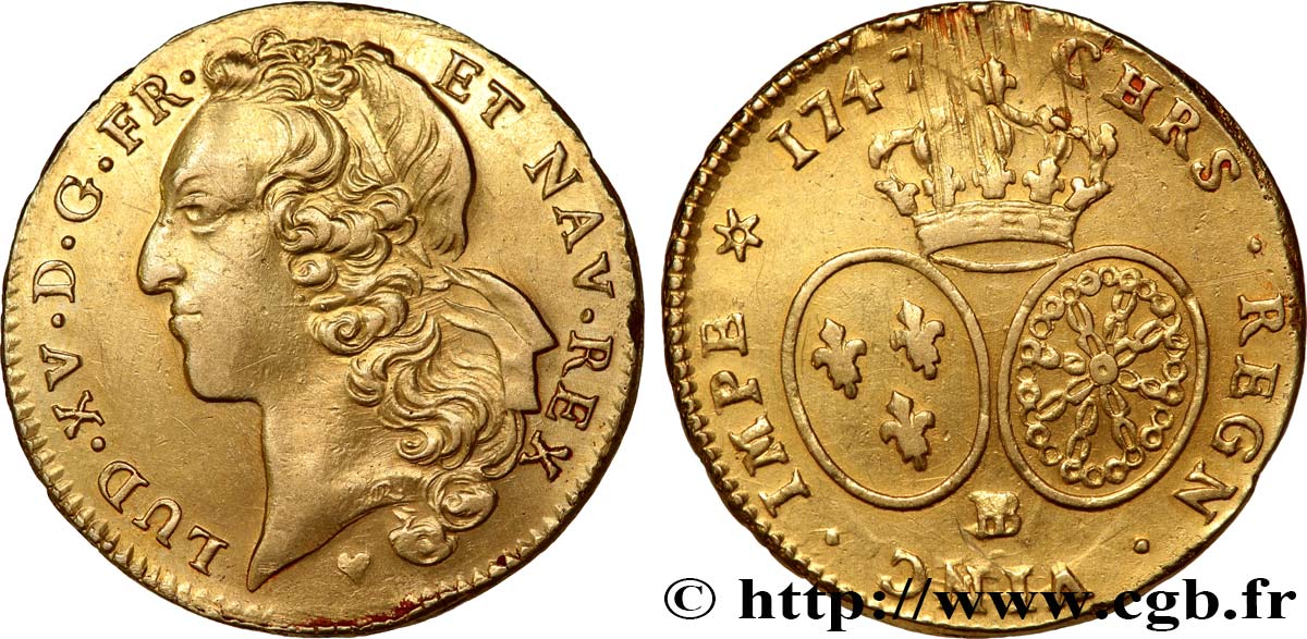 LOUIS XV  THE WELL-BELOVED  Double louis d’or aux écus ovales, tête ceinte d’un bandeau 1747 Strasbourg AU/XF