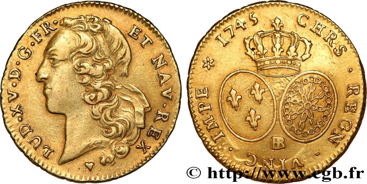 LOUIS XV THE BELOVED Double louis d’or aux écus ovales, tête ceinte d’un bandeau 1745 Strasbourg AU