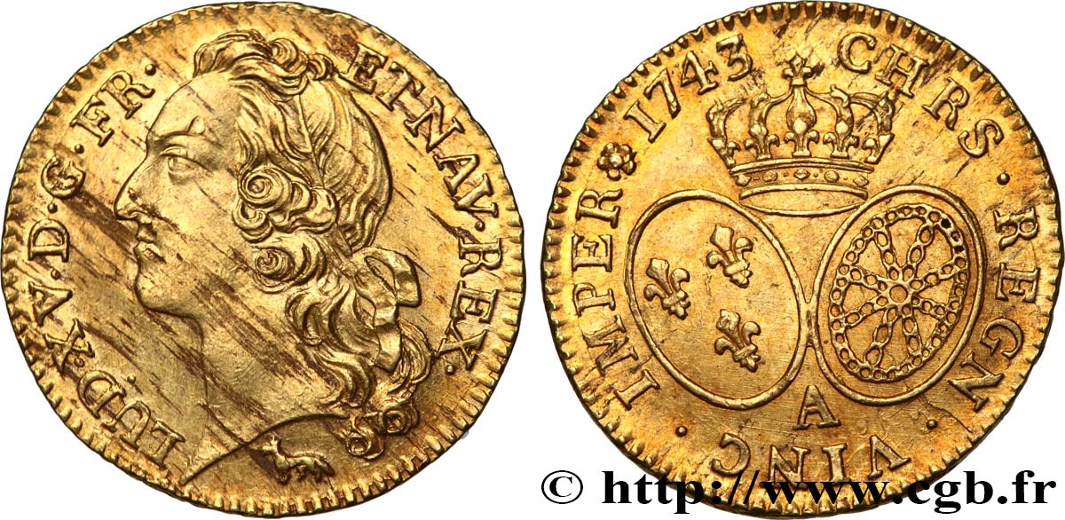 LOUIS XV THE BELOVED Louis d’or aux écus ovales, tête ceinte d’un bandeau 1743 Paris AU
