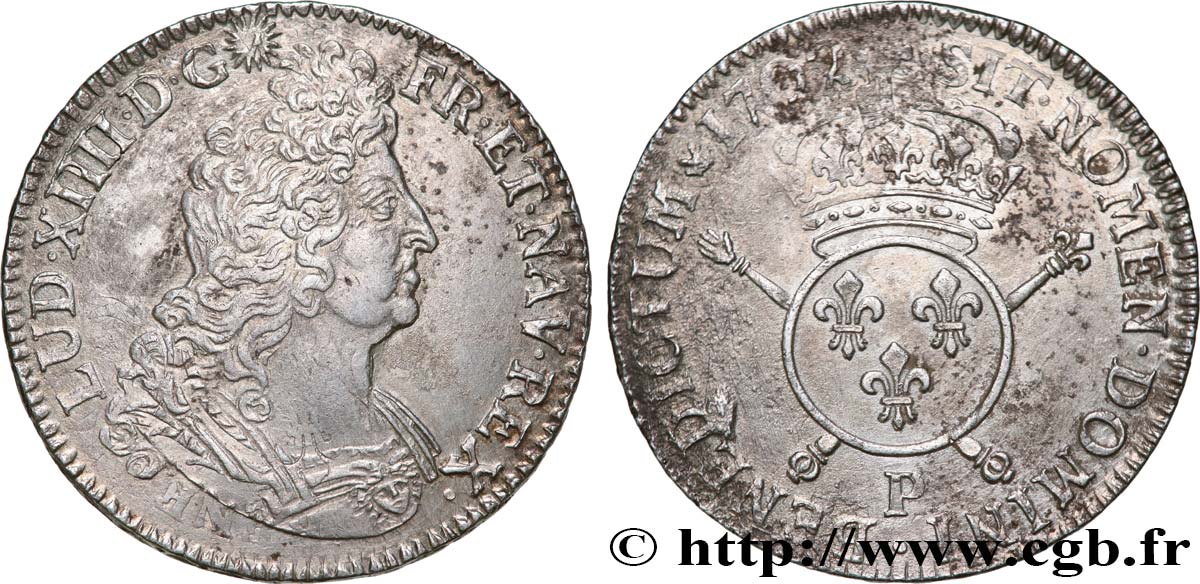 LOUIS XIV  THE SUN KING  Écu aux insignes 1702 Dijon AU/XF