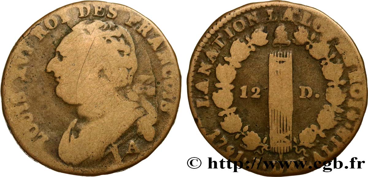 LOUIS XVI (MONARQUE CONSTITUTIONNEL)  12 deniers dit  au faisceau , type FRANÇOIS 1791 Paris B+