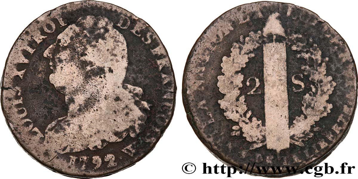 LOUIS XVI (MONARQUE CONSTITUTIONNEL)  2 sols dit &nbsp;au faisceau&nbsp;, type FRANÇOIS 1792 Lille B+