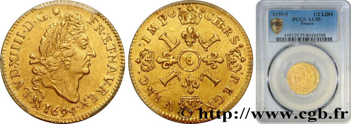 LOUIS XIV  THE SUN KING  Demi-louis d or aux quatre L 1694 Rennes EBC55