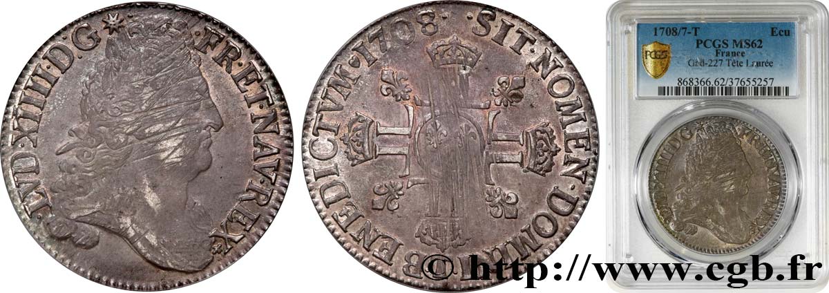 LOUIS XIV  THE SUN KING  Écu aux huit L, 2e type, tête laurée 1708 Nantes SPL
