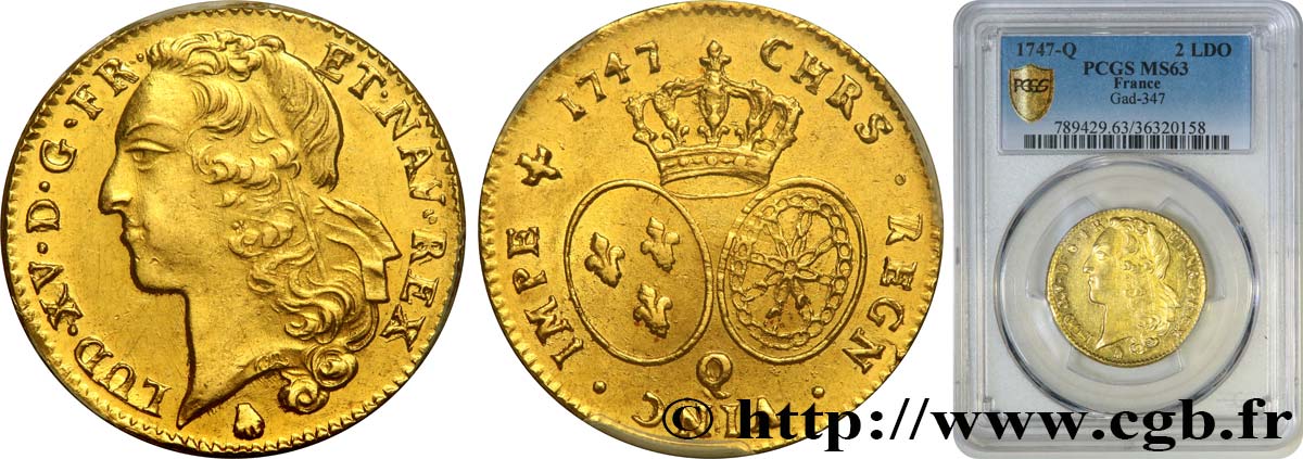 LOUIS XV  THE WELL-BELOVED  Double louis d’or aux écus ovales, tête ceinte d’un bandeau 1747 Perpignan SC63