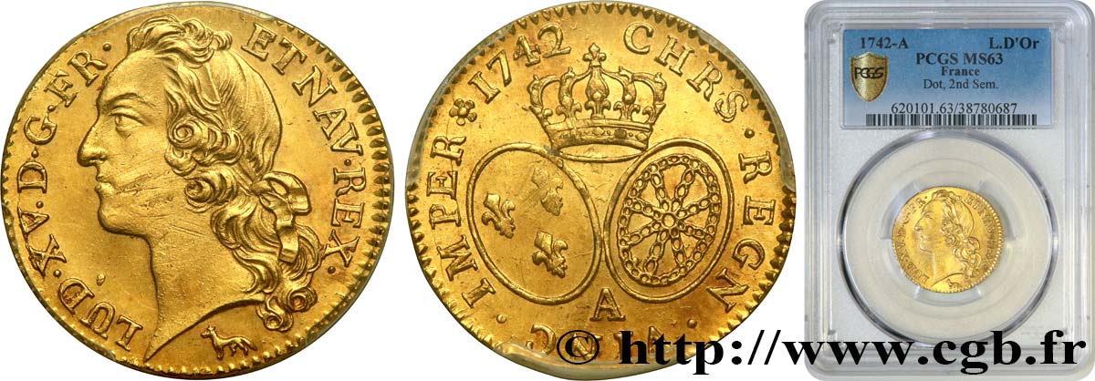 LOUIS XV  THE WELL-BELOVED  Louis d’or aux écus ovales, tête ceinte d’un bandeau 1742 Paris MS63