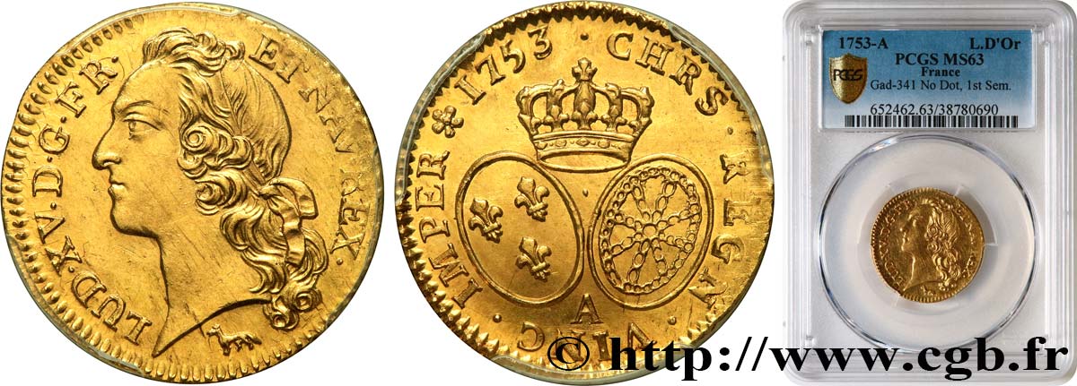LOUIS XV  THE WELL-BELOVED  Louis d’or aux écus ovales, tête ceinte d’un bandeau 1753 Paris fST63