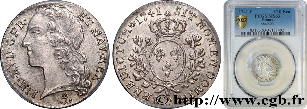 LOUIS XV  THE WELL-BELOVED  Dixième d écu aux branches d’olivier, tête ceinte d’un bandeau 1741 Dijon MS63