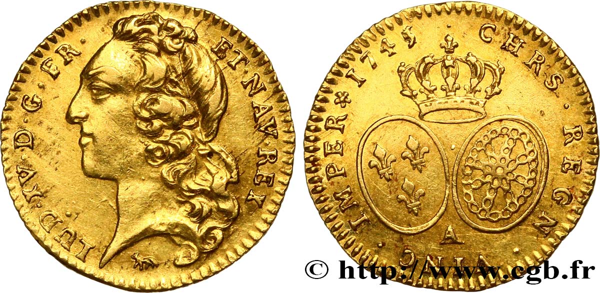 LOUIS XV  THE WELL-BELOVED  Demi-louis d’or aux écus ovales, tête ceinte d’un bandeau 1745 Paris VZ