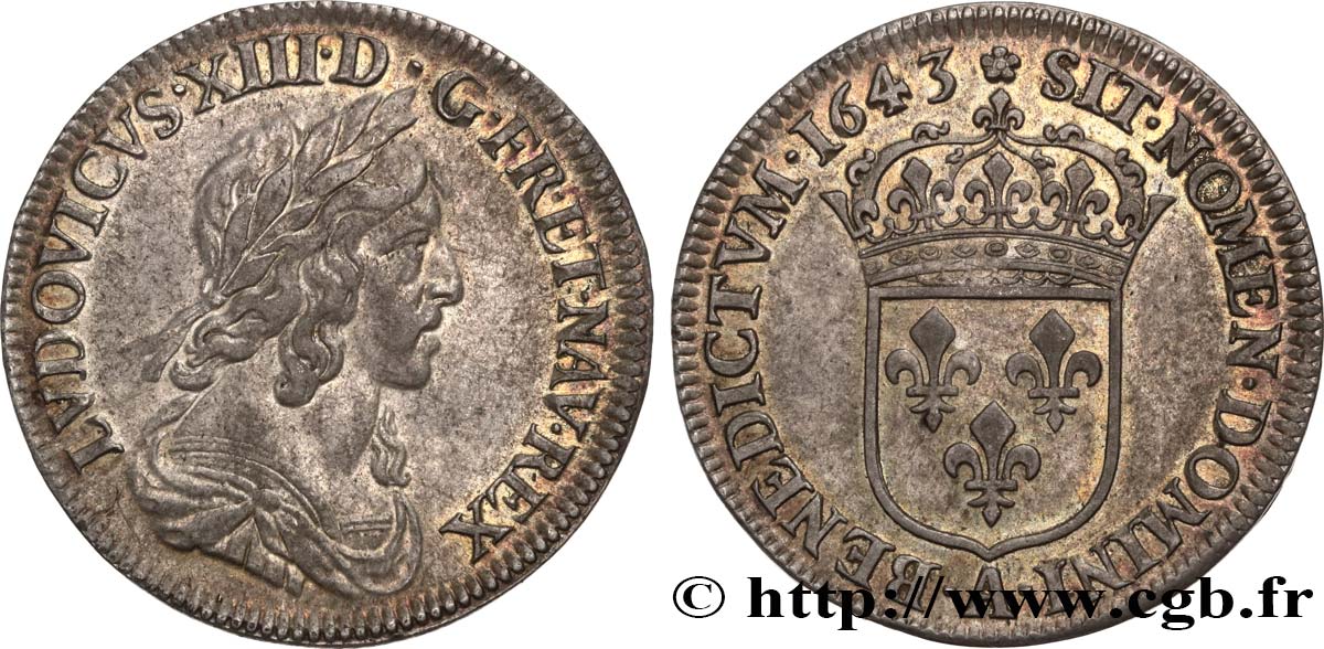 LOUIS XIII LE JUSTE Quart d écu d argent, 3e type, 2e poinçon de Warin 1643 Paris, Monnaie de Matignon TTB+