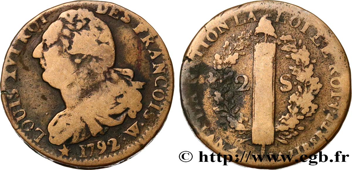 LOUIS XVI (MONARQUE CONSTITUTIONNEL)  2 sols dit &nbsp;au faisceau&nbsp;, type FRANÇOIS 1792 Lille TB