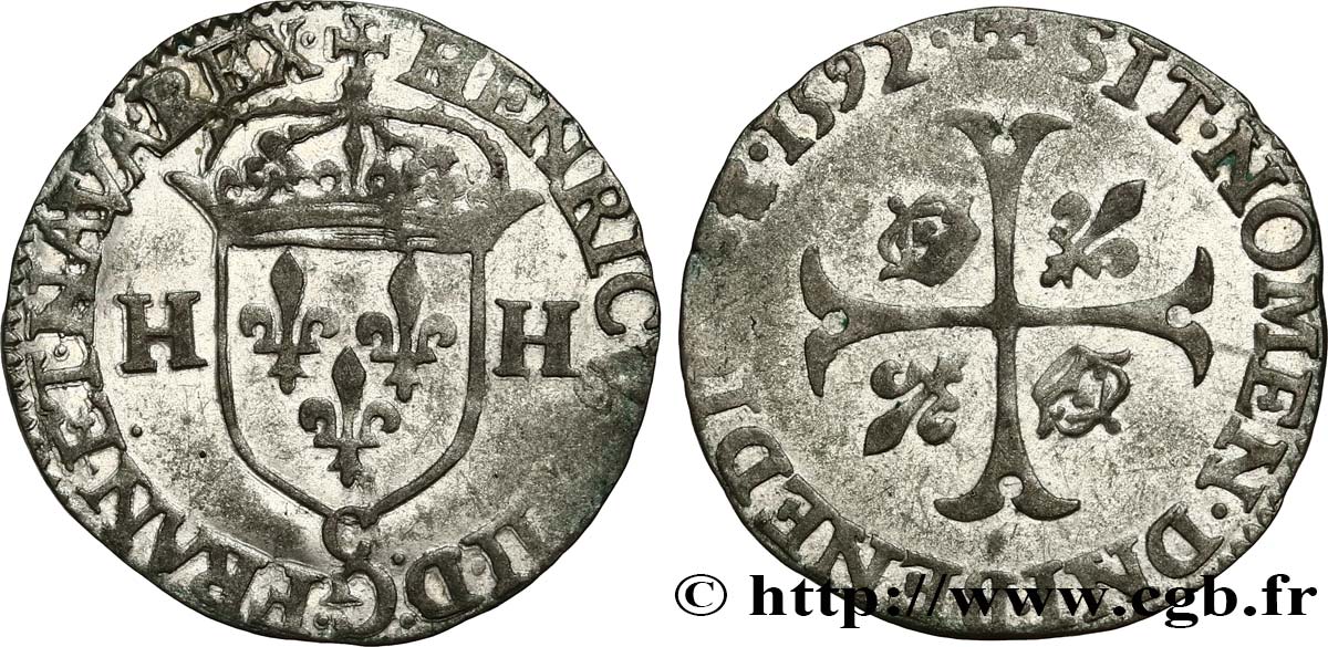 HENRY IV Douzain aux deux H, 2e type 1592 Saint-Lô MBC