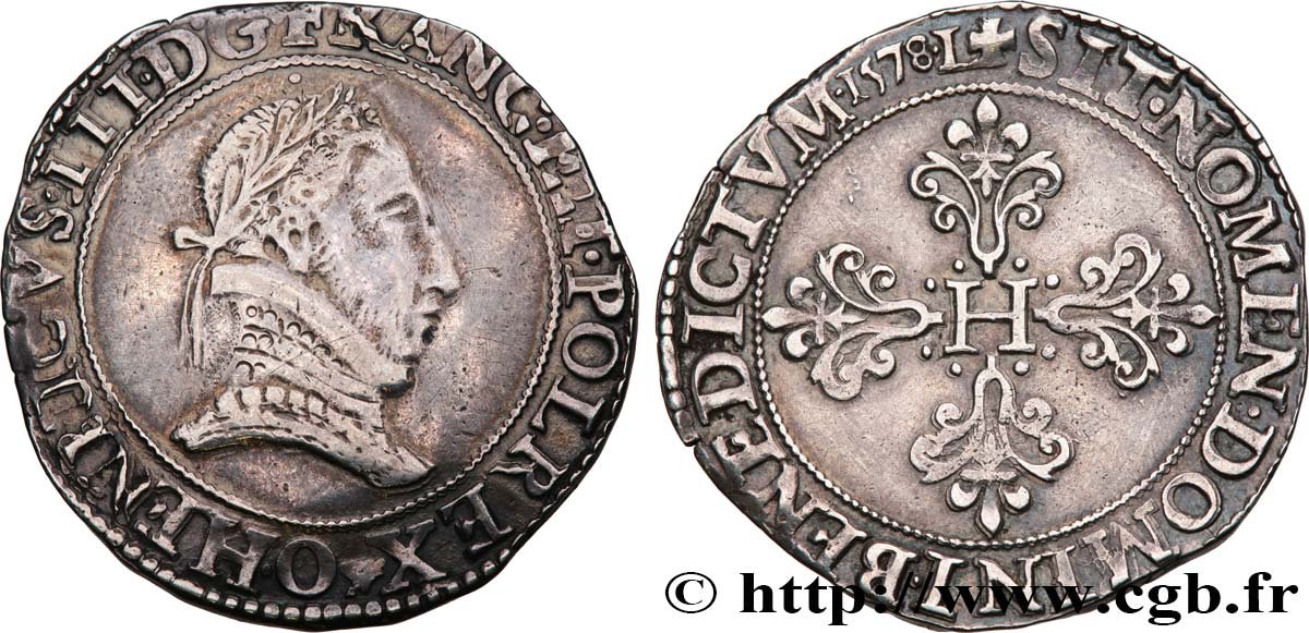 HENRY III Franc au col plat 1578 Riom XF/AU