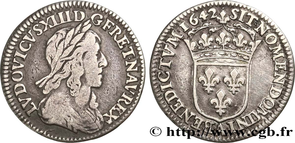 LOUIS XIII LE JUSTE Douzième d écu, 3e type, 2e poinçon de Warin 1642 Paris, Monnaie du Louvre TB+/TTB