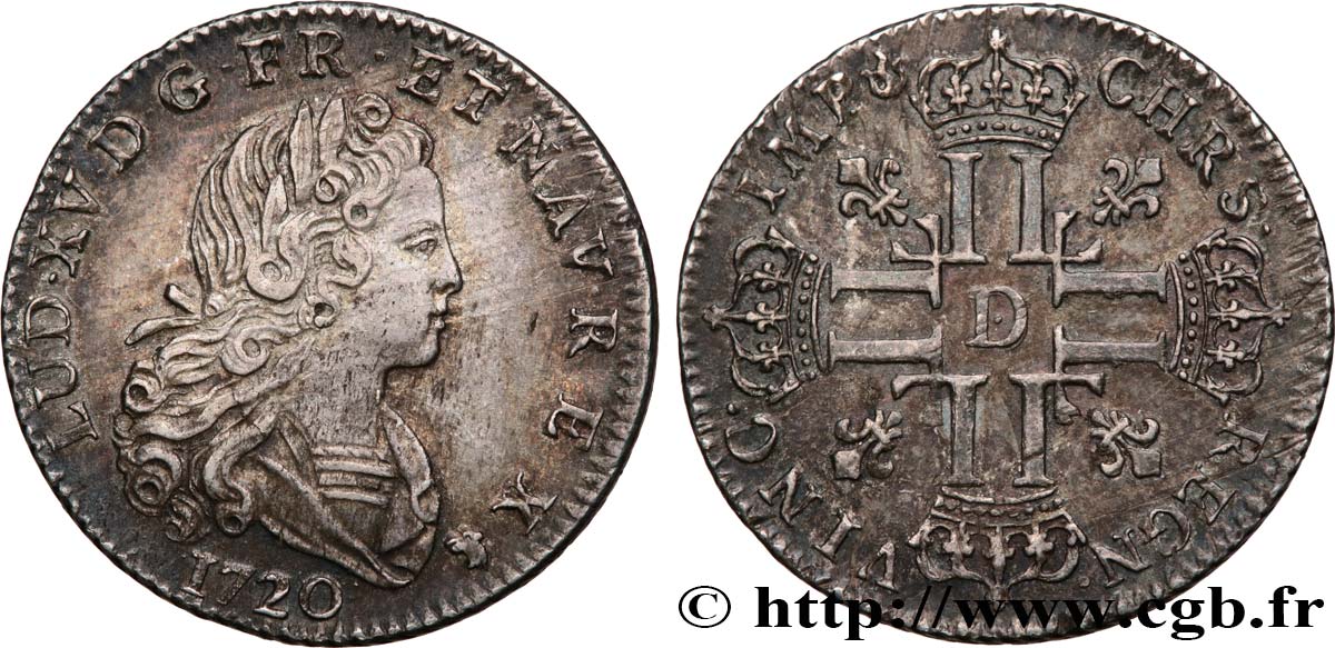 LOUIS XV THE BELOVED Louis d’argent à la croix aux huit L couronnées 1720 Lyon AU