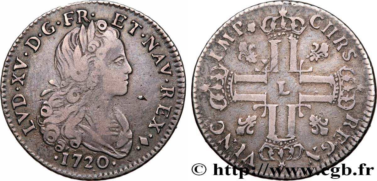 LOUIS XV THE BELOVED Louis d’argent à la croix aux huit L couronnées 1720 Bayonne VF