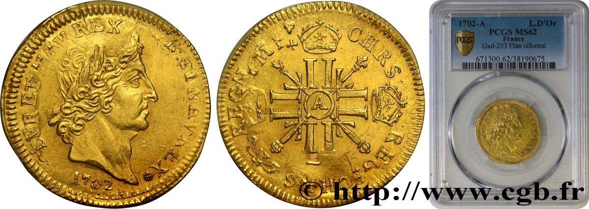 LOUIS XIV  THE SUN KING  Louis d’or aux huit L et aux insignes 1702 Paris MS62