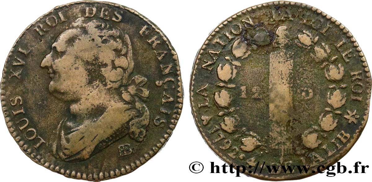 LOUIS XVI (MONARQUE CONSTITUTIONNEL)  12 deniers dit &nbsp;au faisceau&nbsp;, type FRANÇAIS 1792 Strasbourg TB